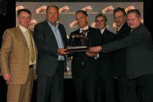 Jockey Club of Canada Chief Steward, Jim Lawson (middle right) presents Canada's 2013 Horse of the Year Award to the connections of Sam-Son Farm, owner and breeder of Up With the Birds. Michael Burns photo